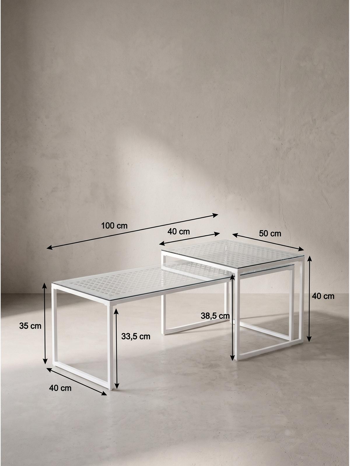 SOFATISCHE 2er-Set ALCUDIA, Einscheibensicherheitsglas, Weiß, 100 x 40 x 35 cm - Weiß, Glas/Metall (40/100/35cm) - KADIMA DESIGN