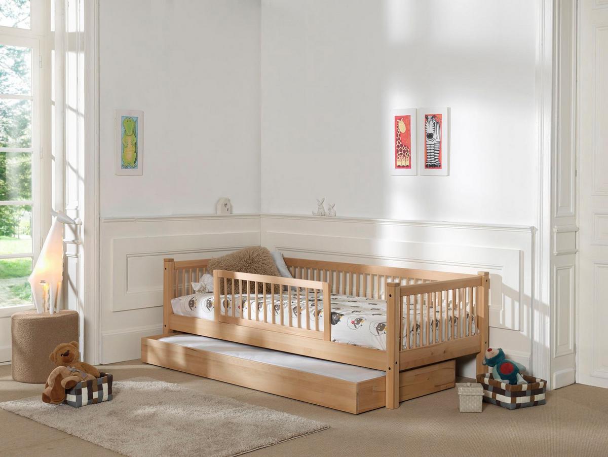 TAGESBETT Kelci 90x200 Bettschublade Rand Rausfallschutz Buche massiv - Buchefarben, Holz (90/200cm) - 58aufmkessel