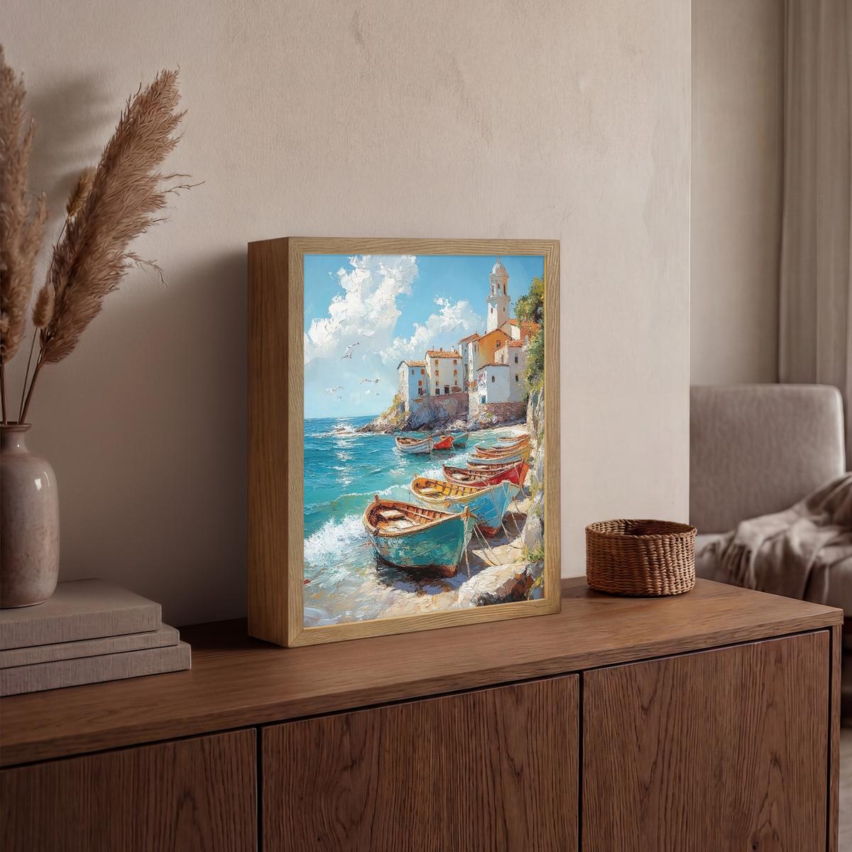 WANDLEUCHTE MIT AKKU Boote - Felsen - Meer - Sonne 30x40 cm - Blau, Holzwerkstoff (30/40/8cm) - OnlyWow