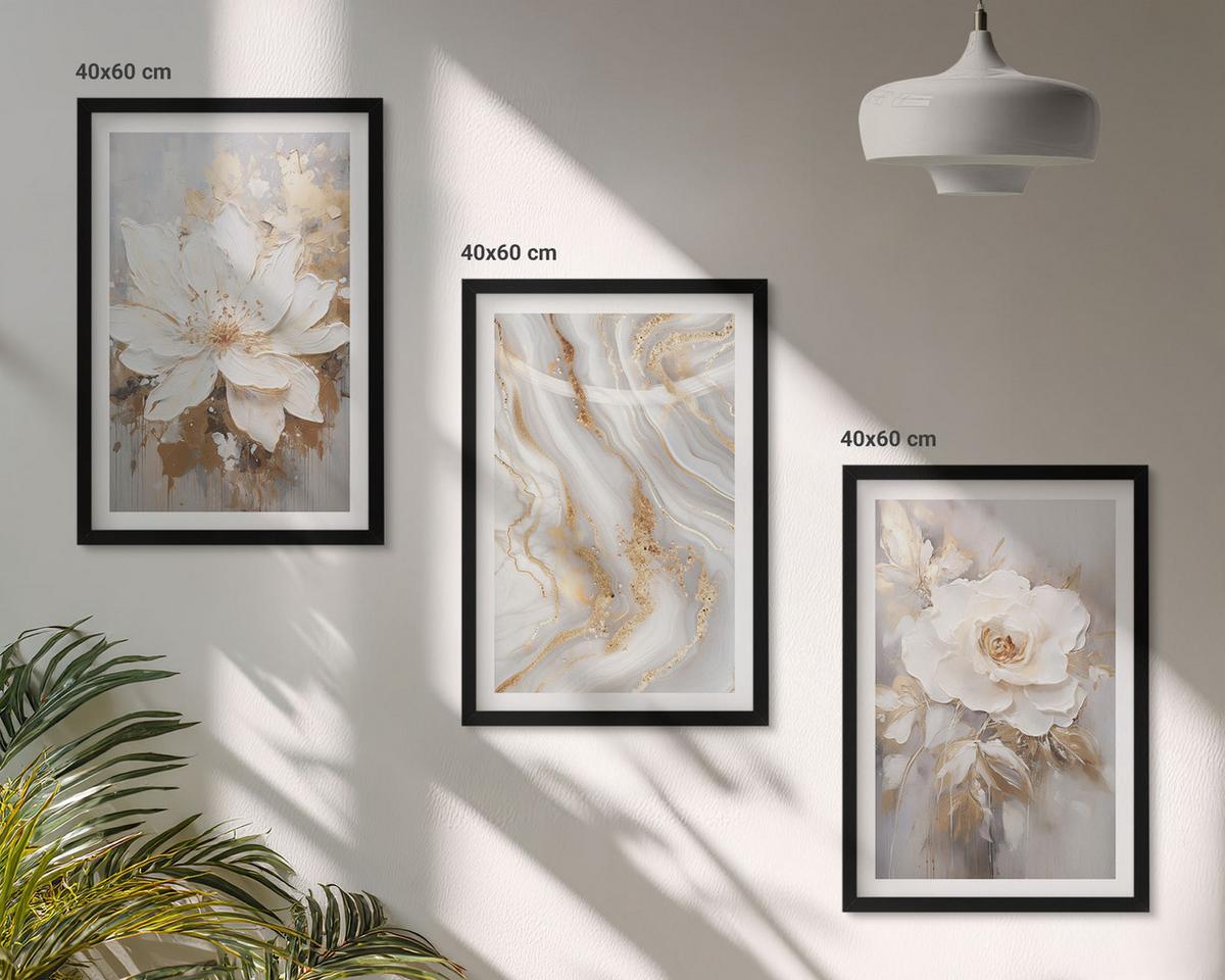 BILDER SET 3er Set - 40x60 cm Schwarzer Rahmen - Abstrakte Blumen aus Marmor - Schwarz, Kunststoff (40/60cm) - TULUP