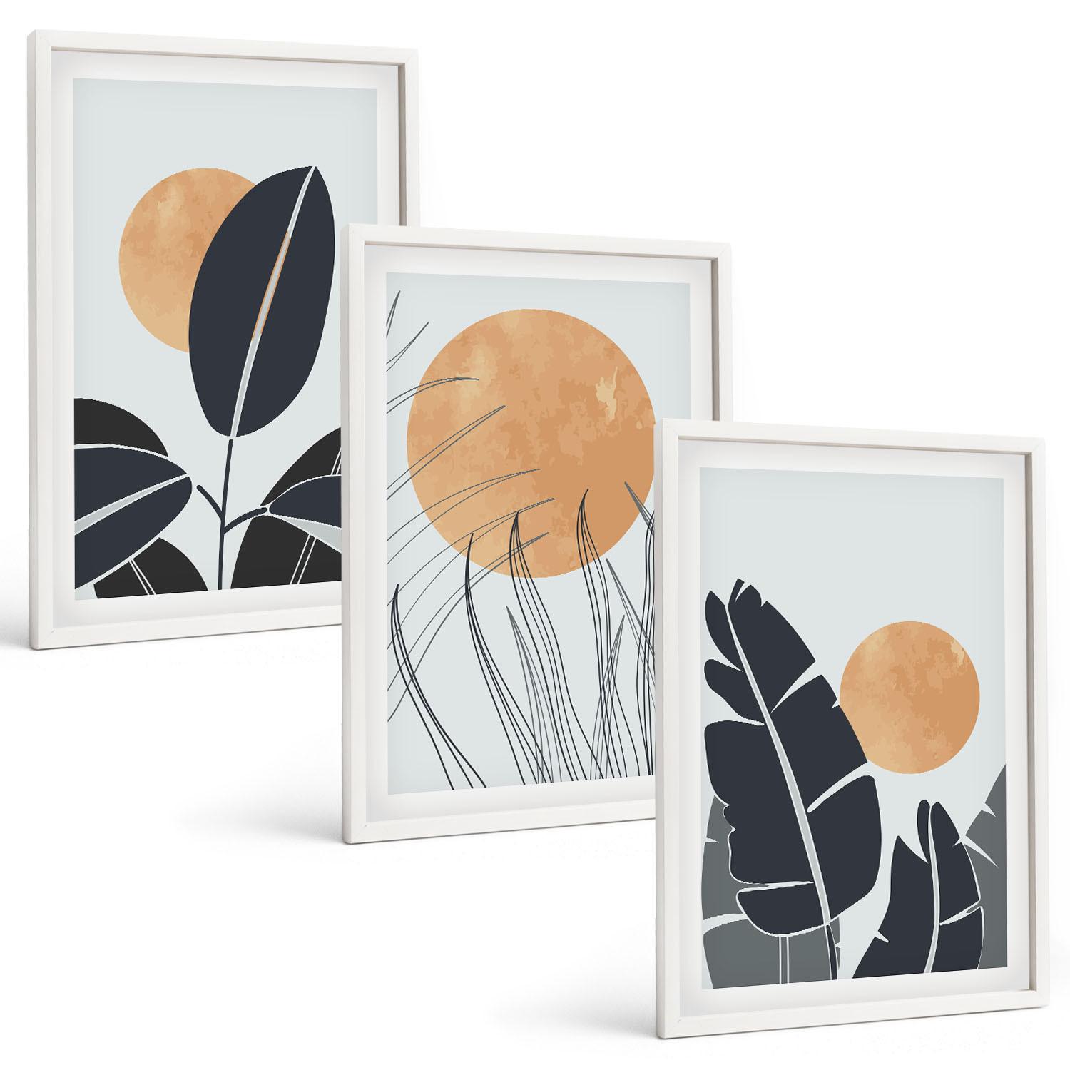 BILDER SET 3er Set - 40x60 cm Weißer Rahmen - Pflanzenmuster große Sonnen minimalistisch - Weiß, Kunststoff (40/60cm) - TULUP