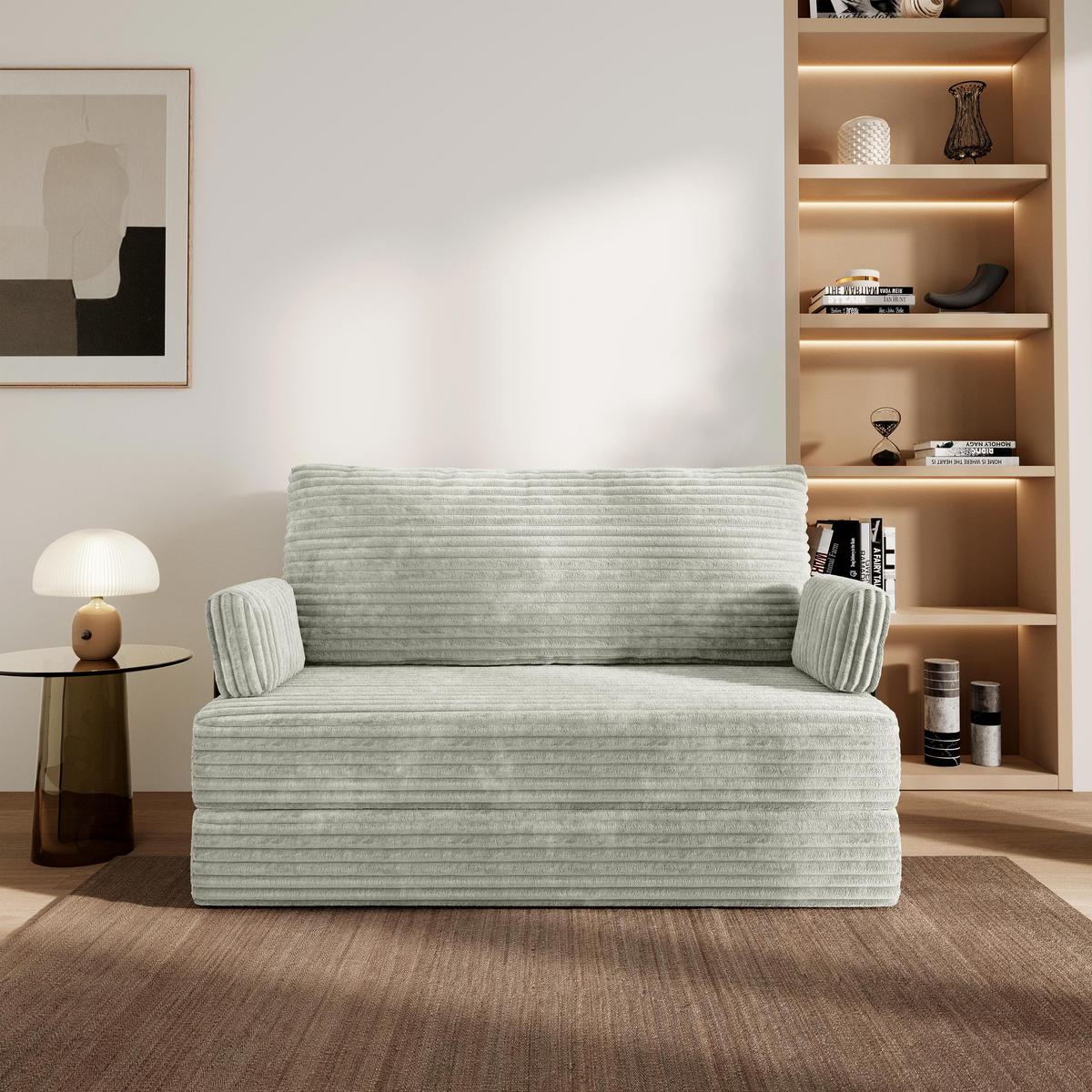 BETTSOFA LADIA aus Schaumstoff Kordstoff Hellgrau Schlaffunktion - Hellgrau, Textil (140/86/60cm) - MASSENO