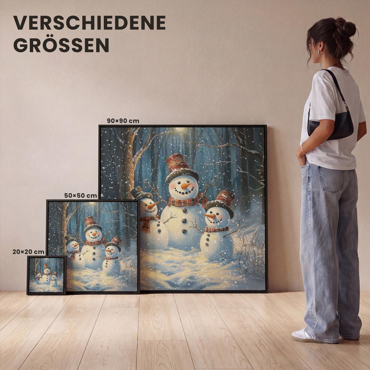 LEINWAND Bilder mit Rahmen - Schneemann - Schnee - Winter - Wald - 90x90 - Hellblau, Textil (90/90cm) - MuchoWow