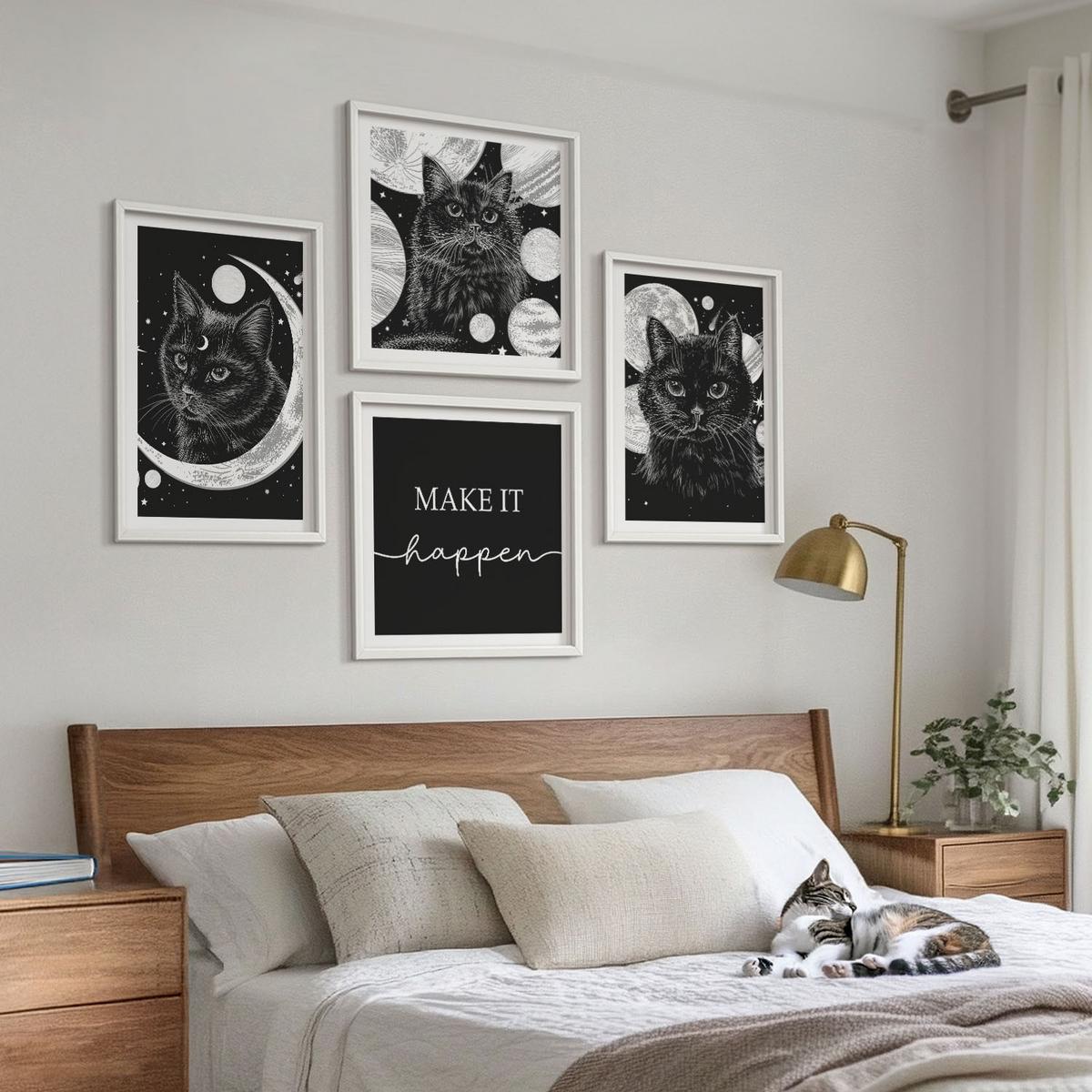 BILDER SET 4er Set - 50x50 cm & 40x60 cm Weißer Rahmen - Schwarze Katzen, Mond, Planet - Weiß, Kunststoff (50/50cm) - TULUP
