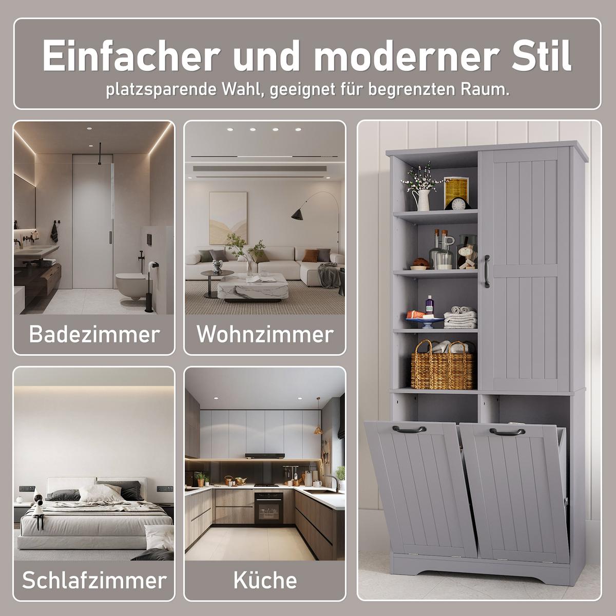 HOCHSCHRANK (Bad) Grau mit Doppel-Wäschekorb - Grau, Holzwerkstoff (78/173/35cm) - Urban Meuble