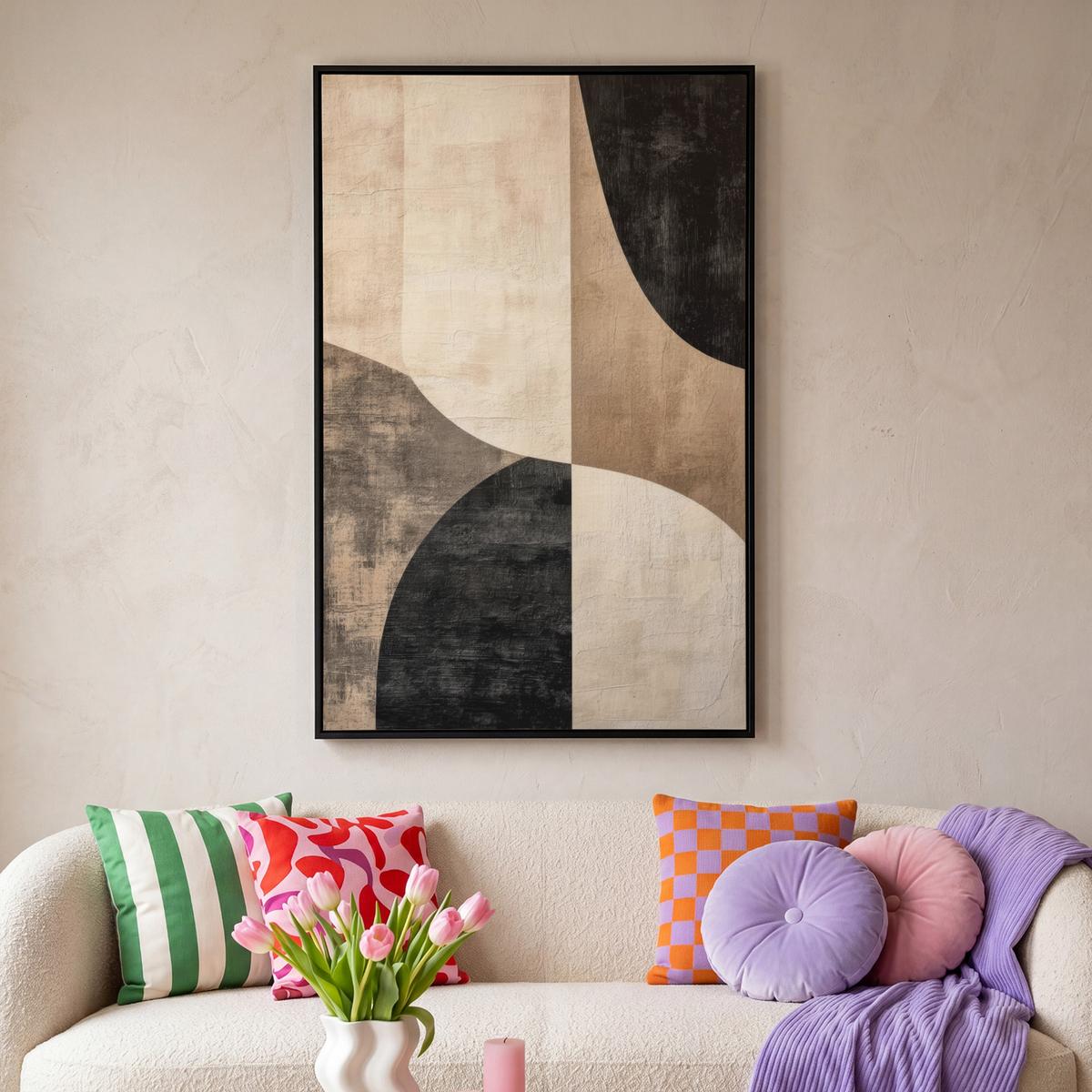 LEINWAND Bilder mit Rahmen - Abstrakt - Flugzeuge - Schwarz - Rund - 80x120 - Beige, Textil (80/120cm) - MuchoWow