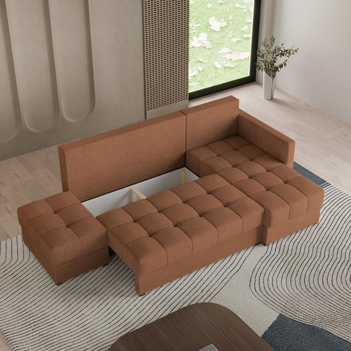 ECKSOFA LUMARI R-S Kupferfarben Plüsch-Stoff mit Schlaffunktion - Kupferfarben, Holz (262/143cm) - MASSENO