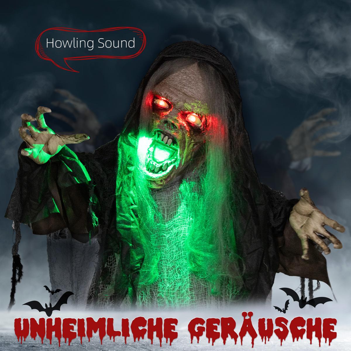 HALLOWEEN DECORATIONS 183cm Hängendes Monster mit grün LED-Lichter, Soundfunktion - Schwarz, Kunststoff (18/183/70cm) - HOMCOM