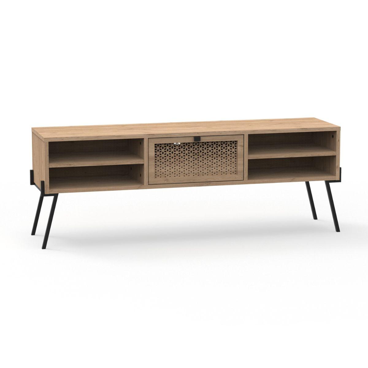 TV-MÖBEL 1 Tür, 4 Fächer und Metallfüße L140 cm - Evan - Eschefarben, Holzwerkstoff (35/51/40.5cm) - Calicosy