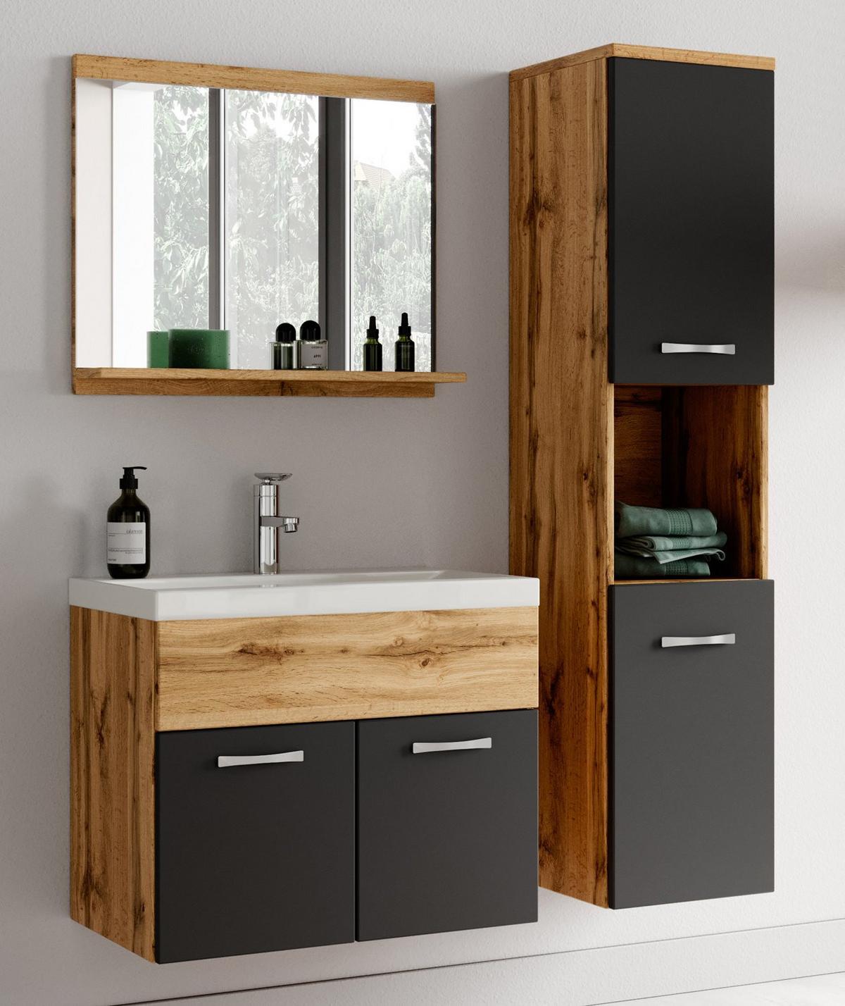 BADMÖBEL-SET Montreal 4 Teile Eiche / Schwarz - 60 x 35 x 51 cm - Chromfarben/Eiche Wotan, Holz/Metall (60/51/35cm) - Badplaats