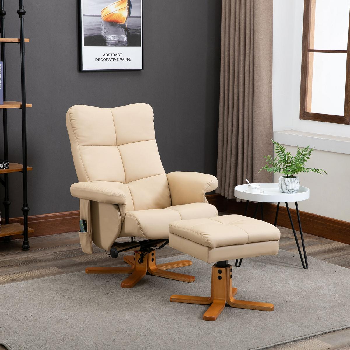 RELAXSESSEL mit Liegefunktion Massagesessel mit Fußhocker Polyester Cremeweiß - Champagner/Creme, Leder/Holz (86/99/80cm) - HOMCOM
