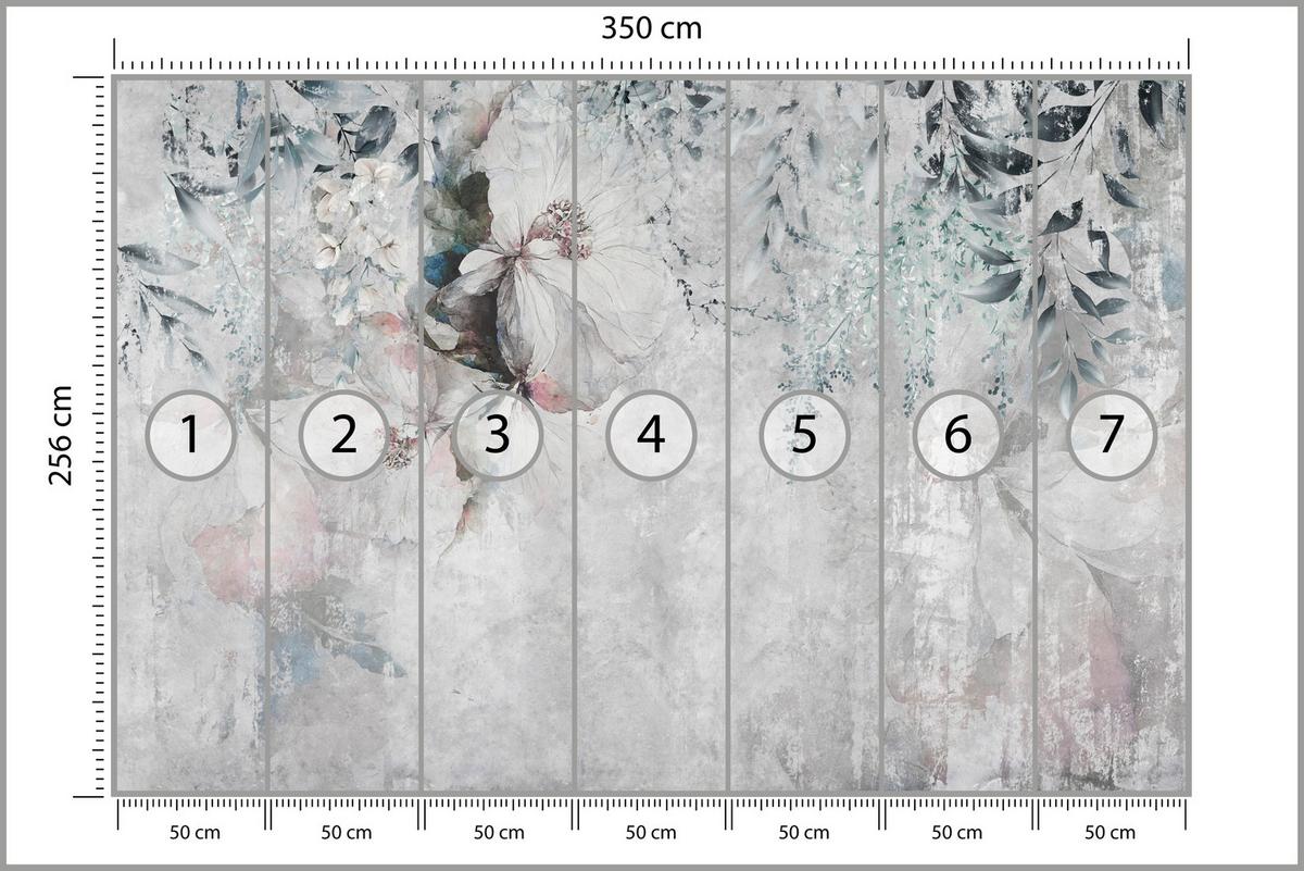 FOTOTAPETE für Schlafzimmer Zarte Blätter Beton Blumen Natur 350x256 - Schwarz/Rosa, Papier (350/256cm) - Muralo