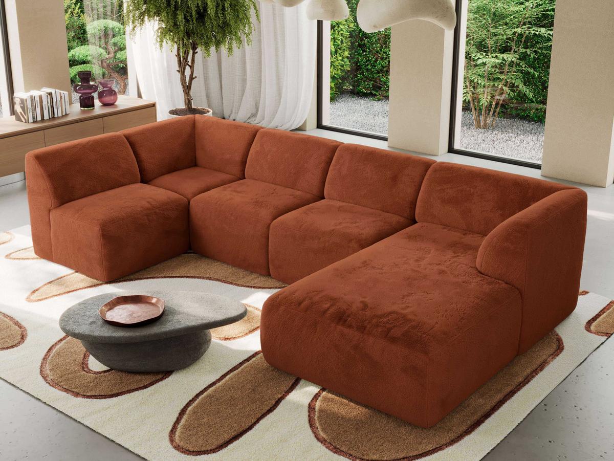 WOHNLANDSCHAFT MODARO U 5M - Orange Plüsch - Rechts - Schwarz/Orange, Textil (345/78/180cm) - MKS