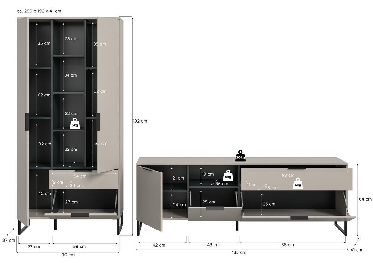 WOHNWAND kaschmir, schwarz 290 cm, Wohnkombination mit Soft-Close - Kaschmir/Schwarz, Holzwerkstoff/Kunststoff (290/192/41cm) - Inn.Furn