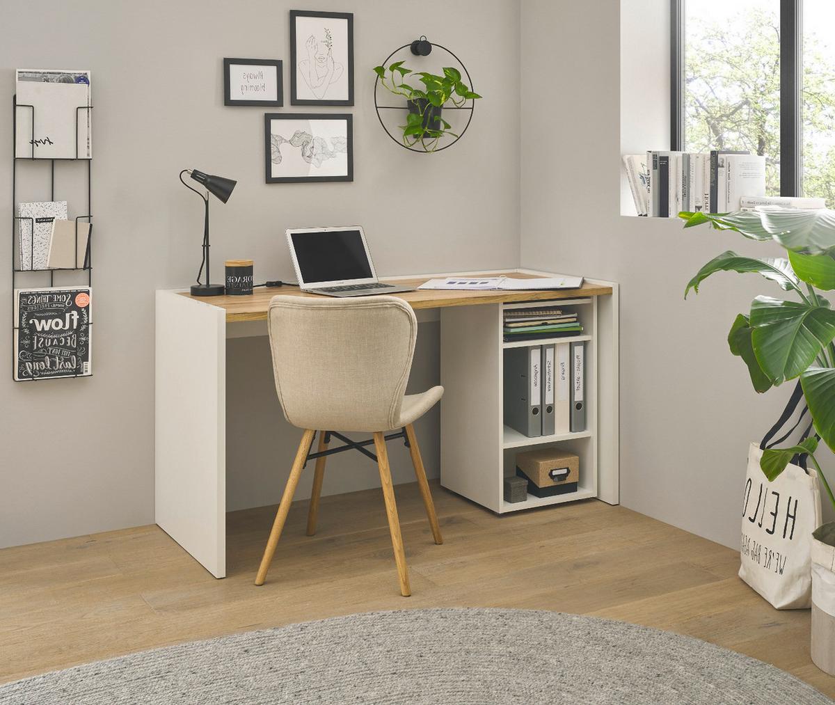 SCHREIBTISCHKOMBINATION 2-teilig weiß matt, Eiche Wotan 143 cm, Büromöbel Set mit Bürocontainer - Eiche Wotan/Silberfarben, Holzwerkstoff/Kunststoff (62/143/76cm) - Furn.Design