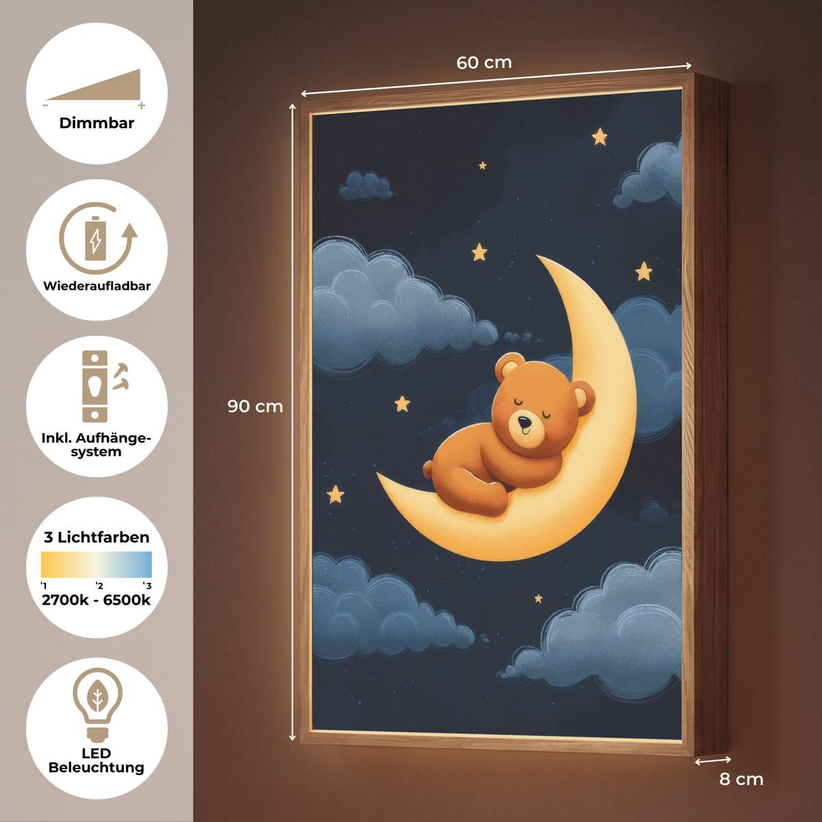 NACHTTISCHLAMPE MIT AKKU Teddybär - Mond - Wolken - Sterne 60x90 cm - Dunkelblau, Holzwerkstoff (8/60/90cm) - OnlyWow
