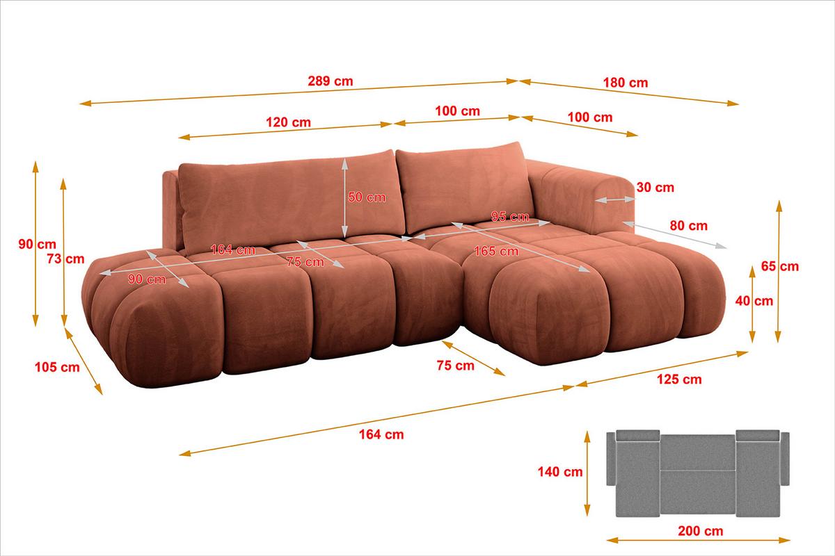 ECKSOFA Ottomane Rechts CLOUD-L 280x185x90 Apricot Velours - Koralle, Holzwerkstoff/Kunststoff (185/280cm) - ALTDECOR