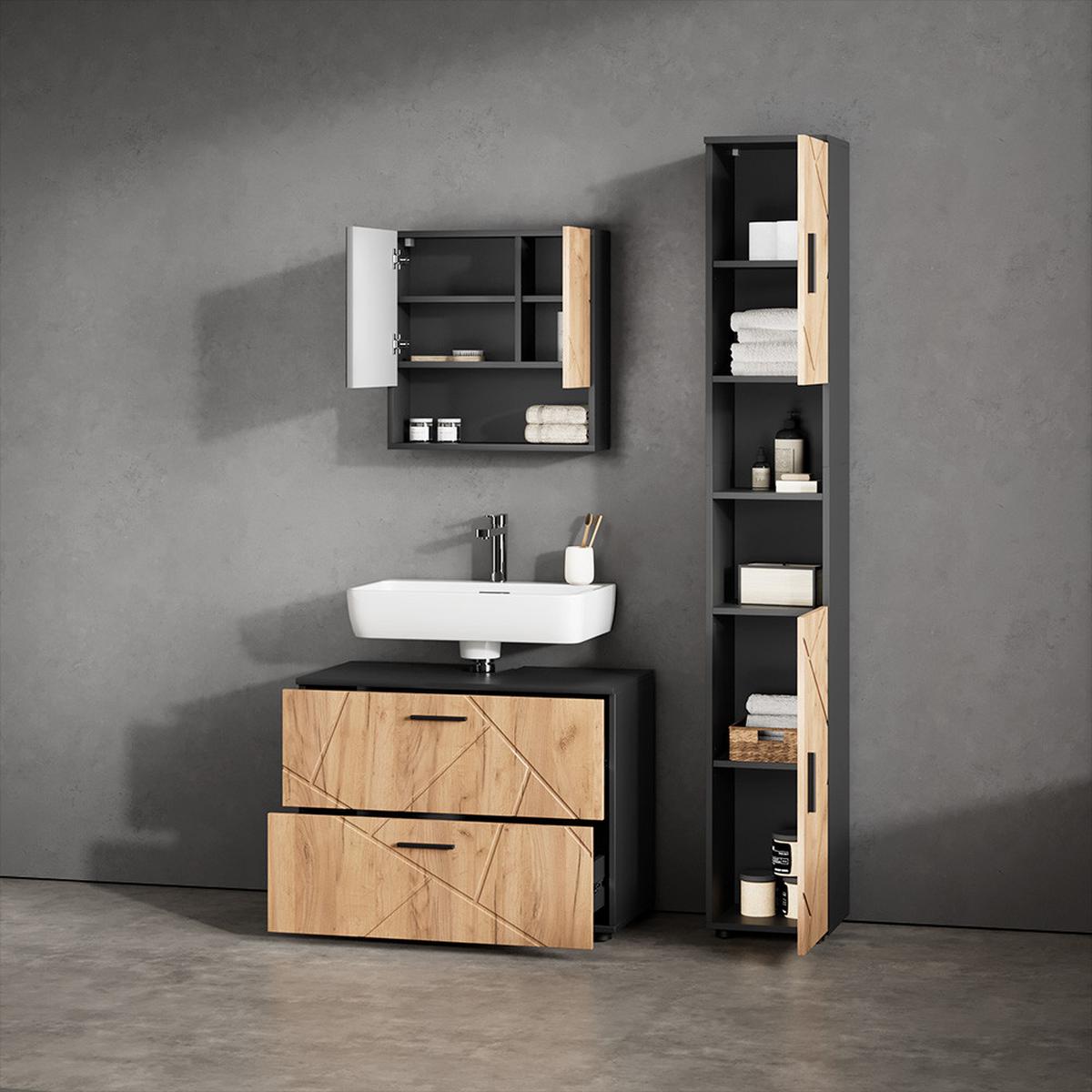 BADMÖBEL-SET Ronco Goldkraft Eiche/Anthrazit 2 Teile - Honigeiche/Anthrazit, Holzwerkstoff (80/58/41cm) - Livinity®