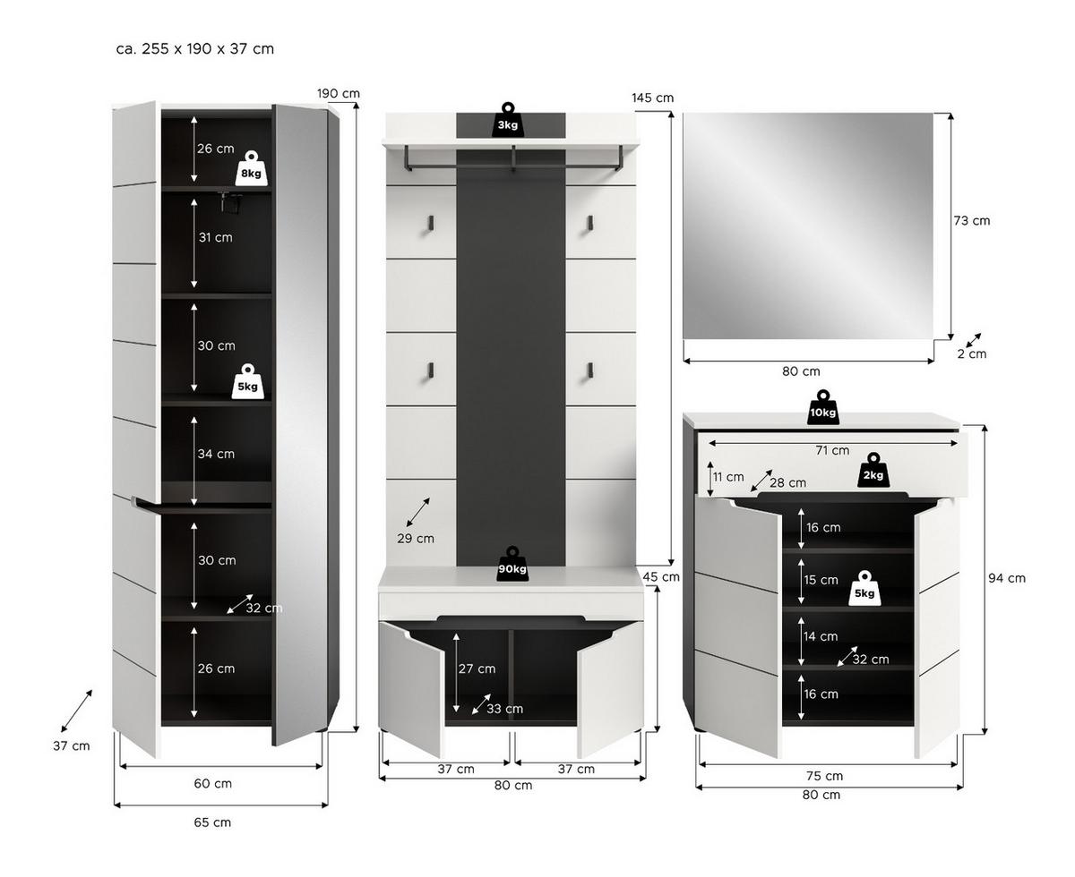 GARDEROBEN-SET 5-teilig in weiß, grau 255 cm, Komplettset mit Soft-Close, Cooper - Schwarz/Weiß, Glas/Holzwerkstoff (255/190/37cm) - Inn.Furn