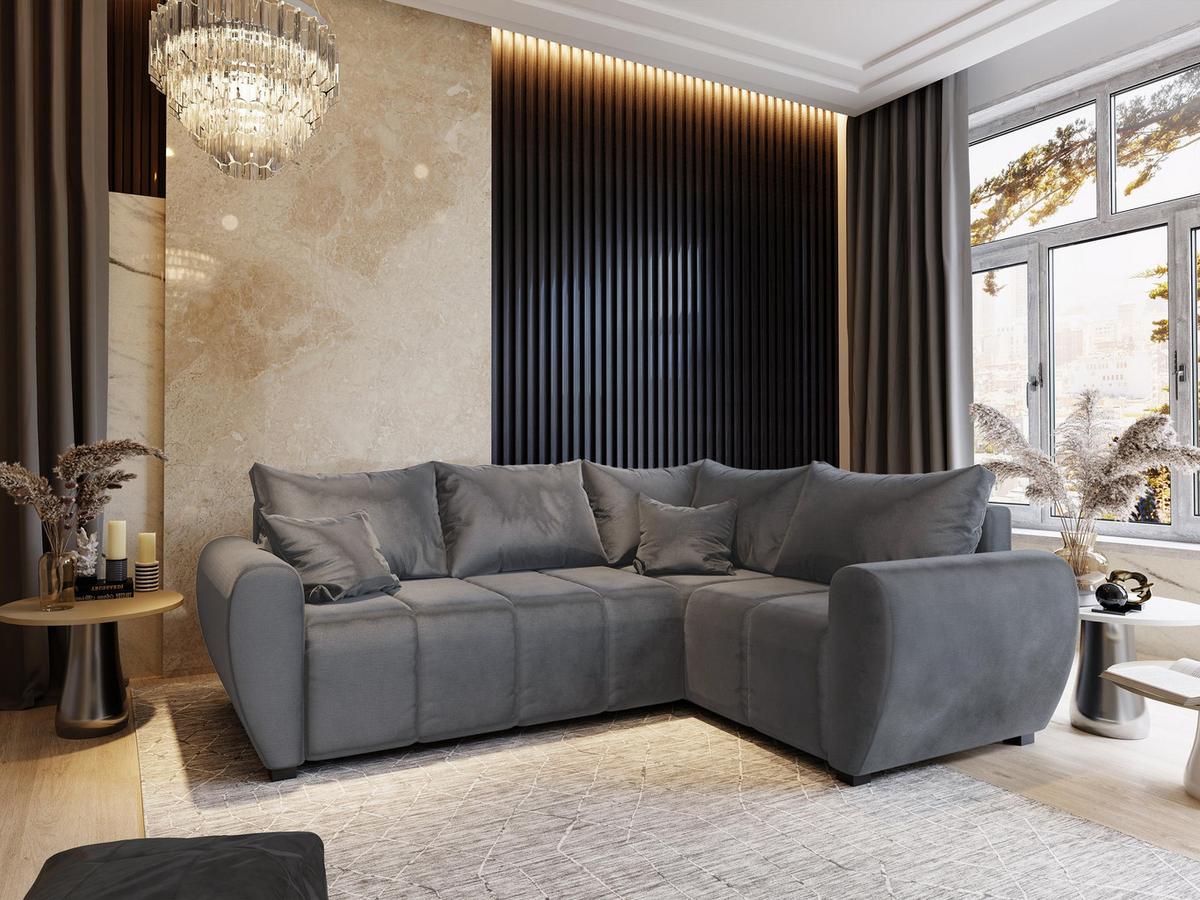ECKSOFA MADISON L R-S Grau Plüsch-Stoff mit Schlaffunktion - Schwarz/Grau, Holz/Kunststoff (235/175cm) - MASSENO
