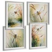 BILDER SET 4er Set - 50x50 cm & 40x60 cm Silberner Rahmen - Libellen im Gras, Wassermalerei - Silberfarben, Kunststoff (50/50cm) - TULUP