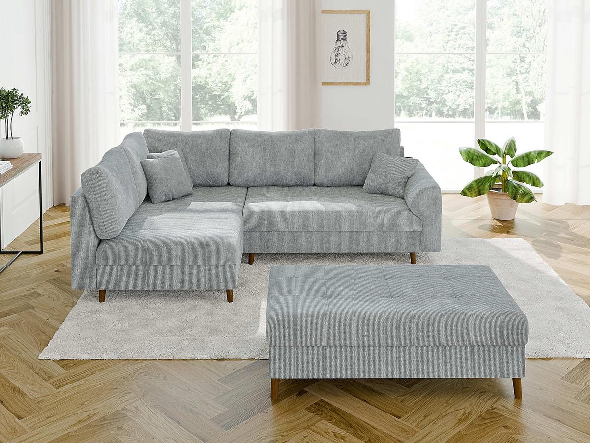 ECKSOFA inkl. Hocker Sigurd Hellgrau Chenille - Ottomane links - Hellgrau/Braun, Holz/Textil (231/161cm) - S-Style Möbel