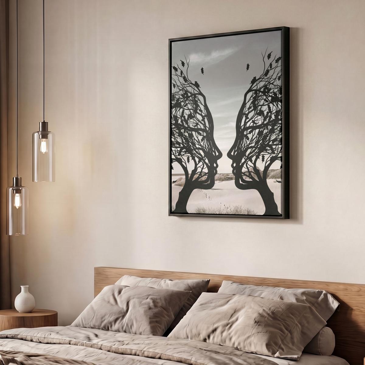 LEINWAND Bilder mit Rahmen - Strand - Meer - Menschen - Baum - Moderne Kunst - 50x70 - Hellgrau, Textil (50/70cm) - MuchoWow
