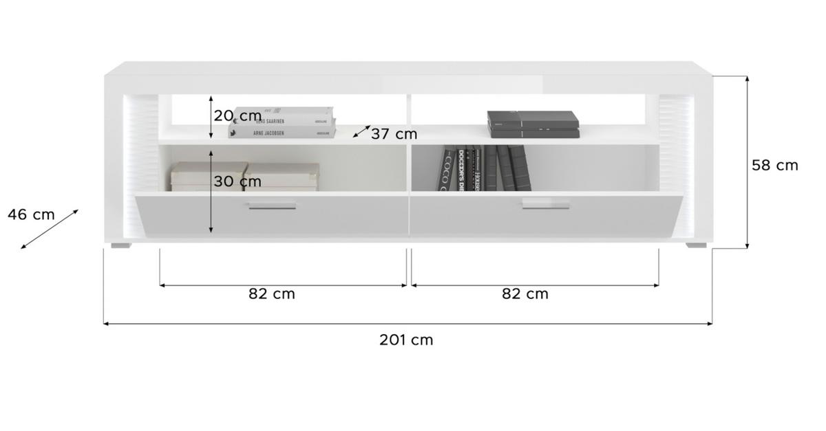 TV-LOWBOARD weiß Hochglanz, Flat-TV Board 200 cm, inkl. Beleuchtung - Weiß Hochglanz/Silberfarben, Holzwerkstoff/Kunststoff (204/58/46cm) - Inn.Furn