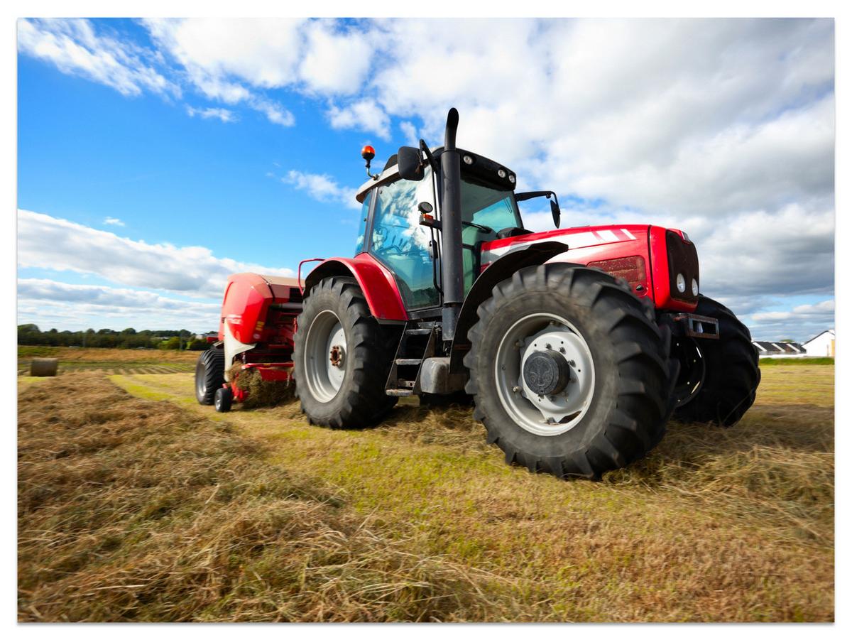 FOTOTAPETE Roter Traktor Feld Ernte Landwirtschaft Rustikal 200x140 - Gelb/Rot, Papier (200/140cm) - Muralo