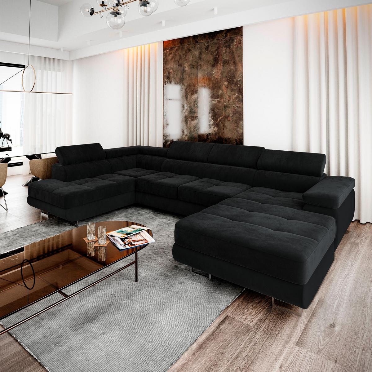 WOHNLANDSCHAFT CASONE L-S Schwarz Velours-Stoff mit Schlaffunktion - Silberfarben/Schwarz, Holz/Textil (345/90/202cm) - MASSENO