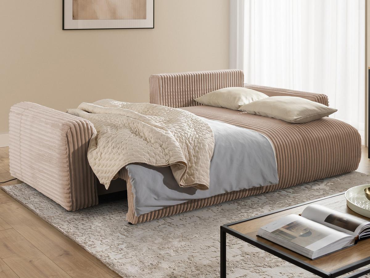 ECKSOFA Calma mit Schlaffunktion und Bettkasten im Bumpy-Design aus weichem Beige Plüschcord - Ottomane rechts - Beige/Schwarz, Holz/Kunststoff (140/239cm) - S-Style
