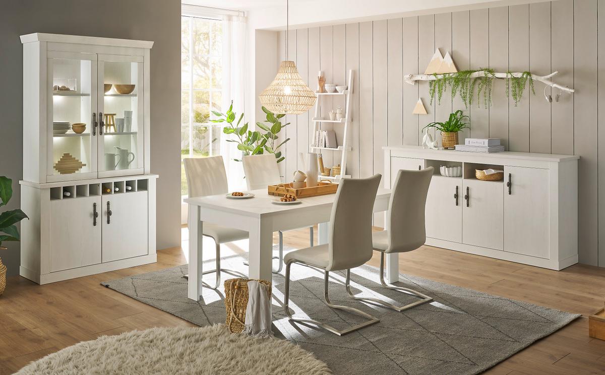 VITRINE weiß Pinie Landhaus, Vitrinenschrank mit Soft-Close und Beleuchtung - Weiß, Holzwerkstoff/Kunststoff (72/146/38cm) - Furn.Design