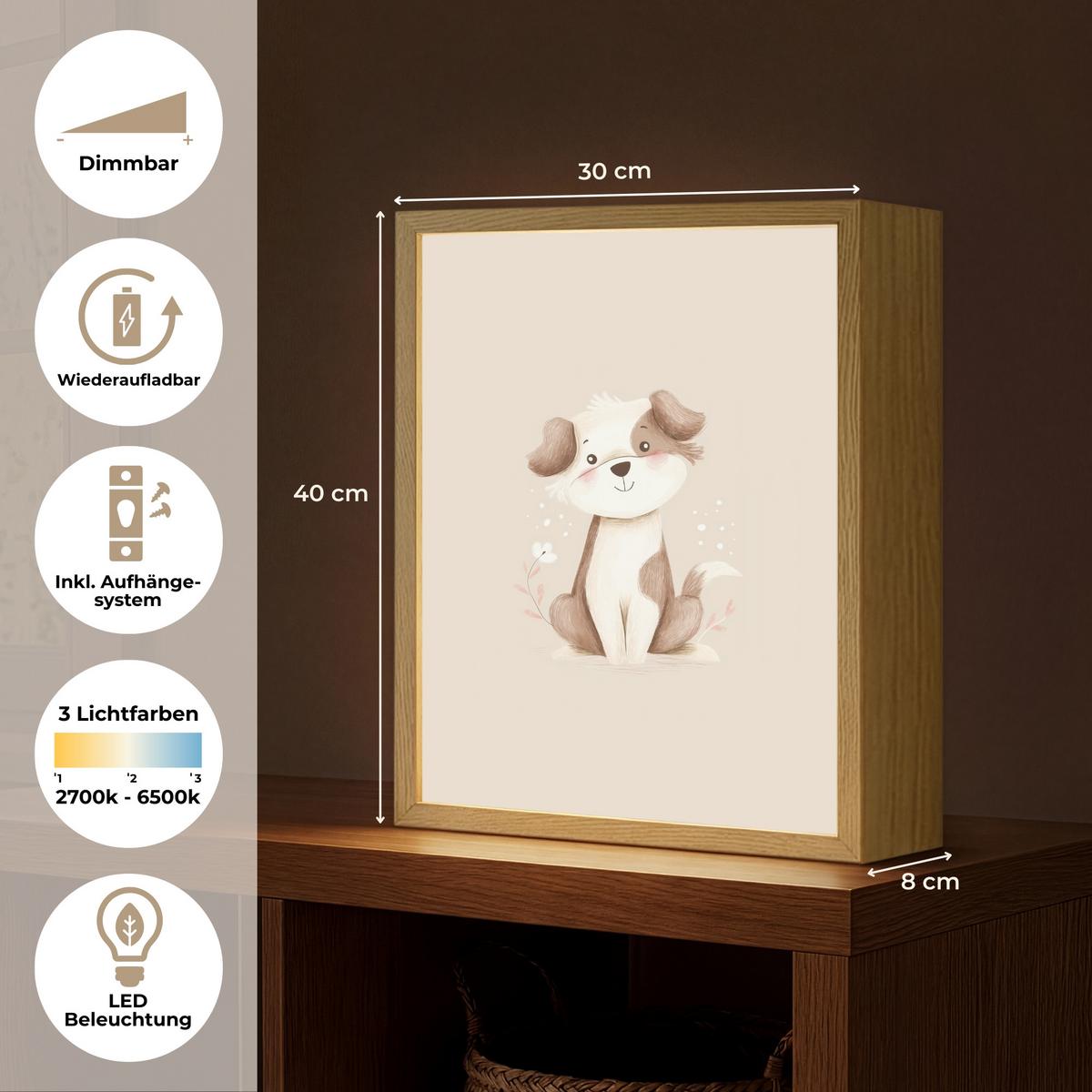 NACHTTISCHLAMPE MIT AKKU Hund - Gefleckt - Braun 30x40 cm - Beige, Holzwerkstoff (8/30/40cm) - OnlyWow