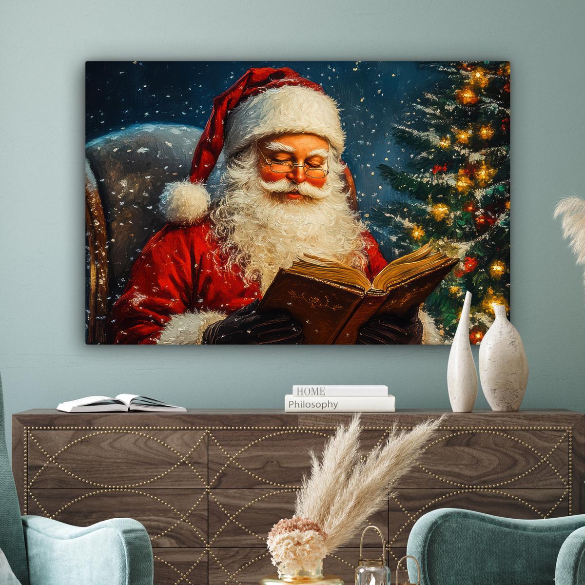 LEINWANDBILD Weihnachtsmann - Weihnachten - Winter - Weihnachtsbaum Wohnzimmer Groß 120x80 cm - Bordeaux, Textil (120/80cm) - MuchoWow