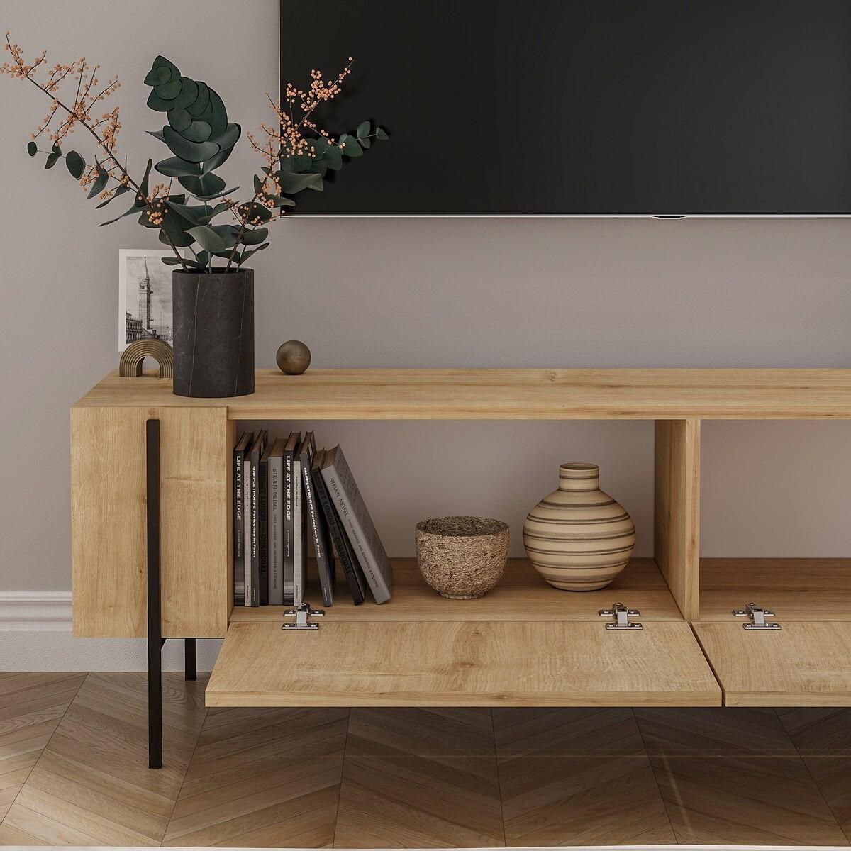 TV-MÖBEL mit 2 klappbaren Türen und Metallfüßen 31,4/160/45,6 cm - Eichefarben, Holzwerkstoff (31.4/45.6/36cm) - Calicosy