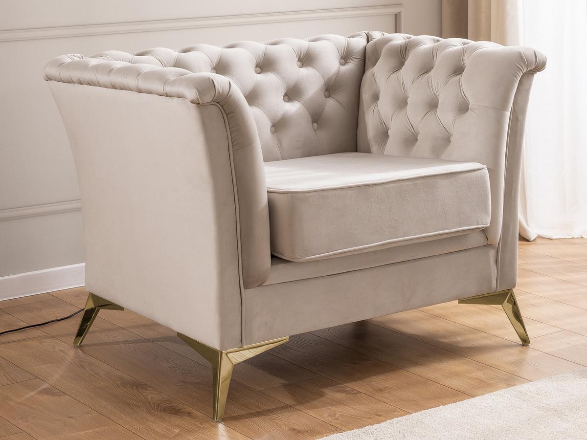CHESTERFIELD-SESSEL Whitby Beige Samt mit goldenen Füßen - Beige/Goldfarben, Holz/Textil (116/78/82cm) - S-Style Möbel