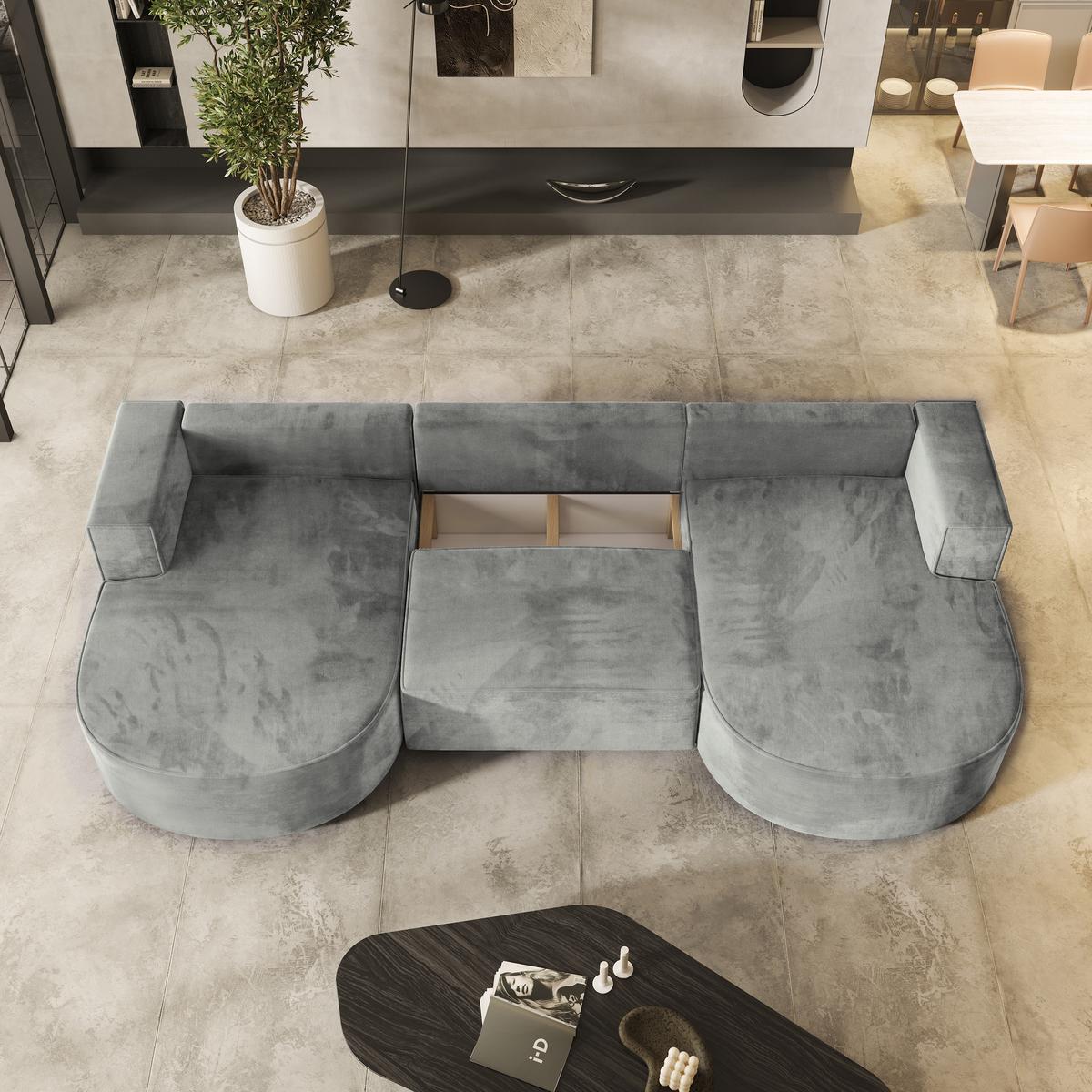 WOHNLANDSCHAFT VEZZO M Hellgrau Velours-Stoff mit Schlaffunktion - Hellgrau, Holz (347/85/174cm) - MASSENO