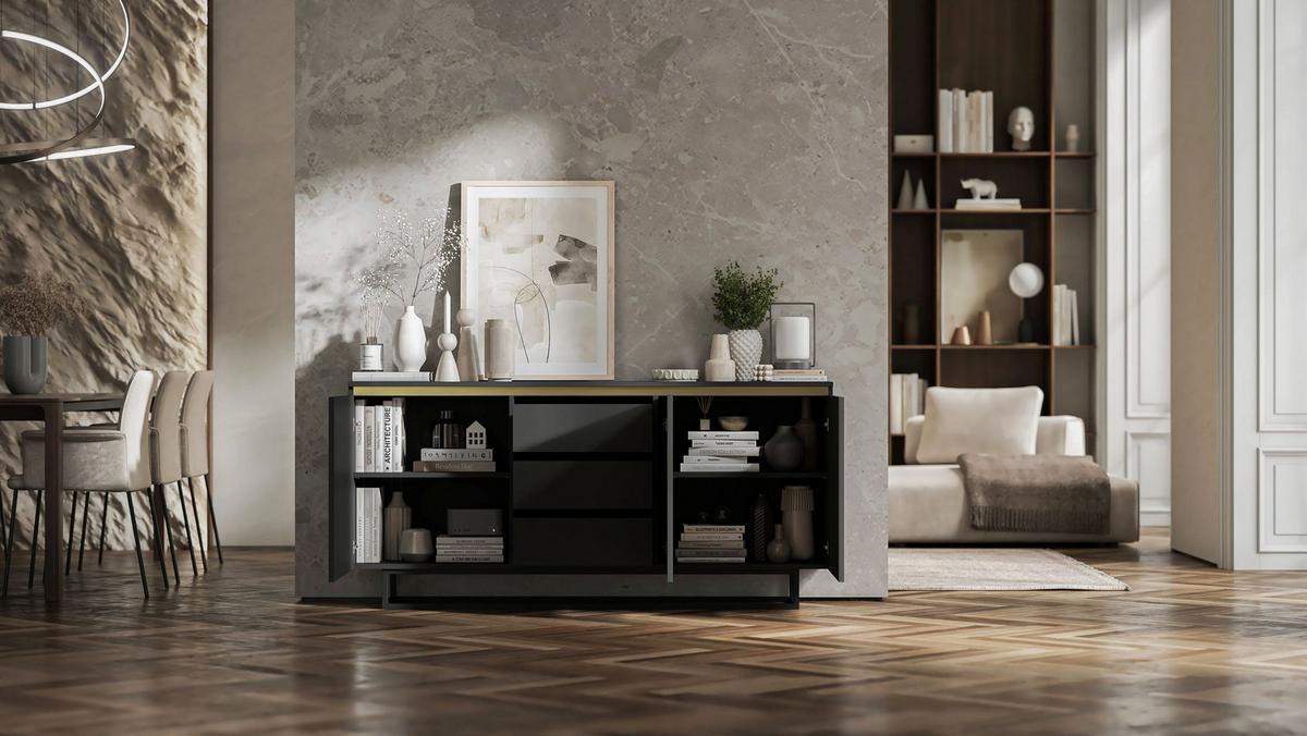 SIDEBOARD Selene 3D Schwarz Matt mit metallrahmen Glamour 167 cm - Schwarz, Holzwerkstoff/Metall (167/79/35cm) - Meble Lindner