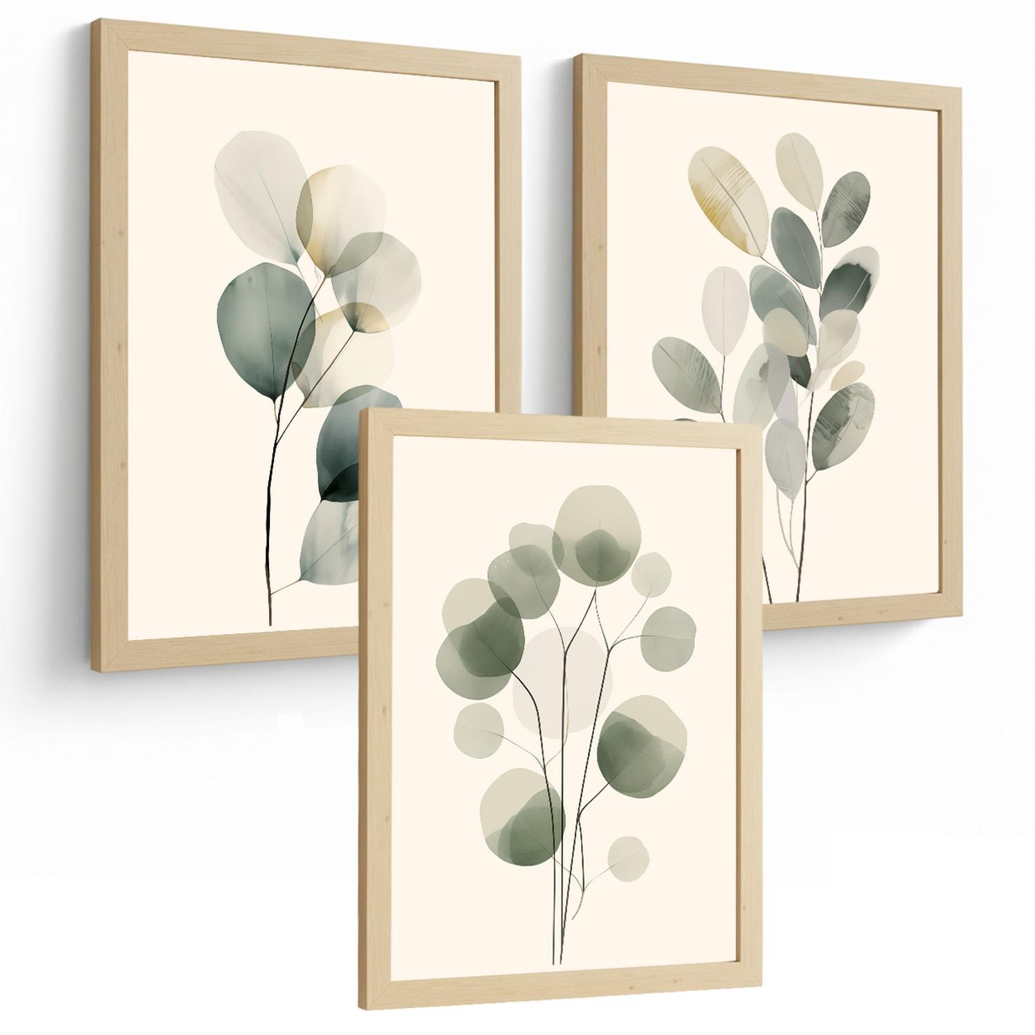 POSTER 3er Bilder-Set Wandbilder Pflanzen Minimalistisch modern Wohnzimmer Deko, Schlafzimmer, Küche, Badezimmer Leichter Holzrahmen A4 - Beige, Papier (29.7/1/21cm) - Nacnic