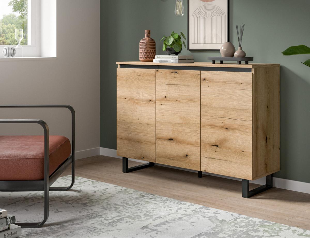 SIDEBOARD Eiche Evoke mit Schwarz, Kommode 3-türig 120 x 84 cm, Soft-Close - Eichefarben/Schwarz, Holzwerkstoff/Metall (120/84/36cm) - Inn.Furn