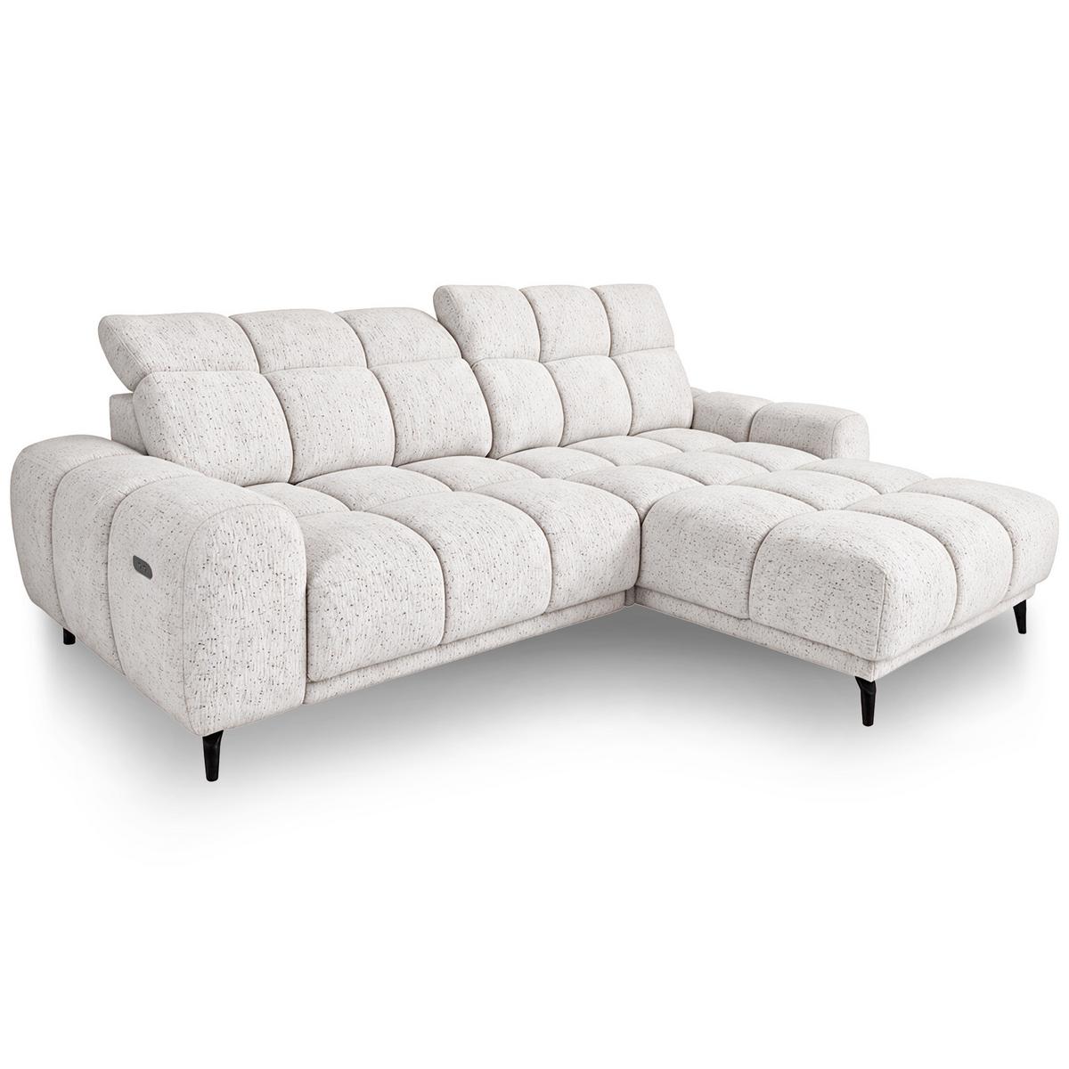 ECKSOFA Marco Mini mit elektrisch ausfahrbarem Sitz und verstellbaren Kopfstützen, Rechts, Chenille-Stoff, Creme - Creme/Schwarz, Textil (275/182cm) - Beautysofa