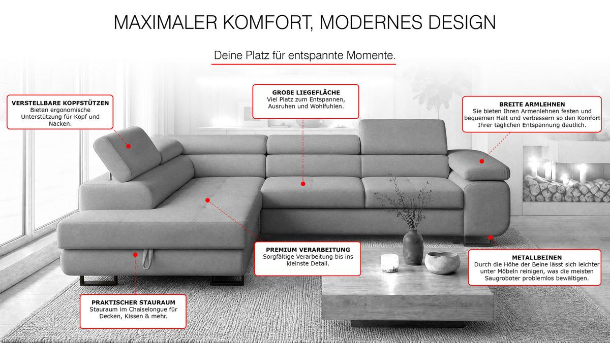 ECKSOFA Velmo mit Bettkasten und Schlaffunktion, verstellbaren Kopfstützen, in L-Form - Hellgrau, Textil (275/203cm)