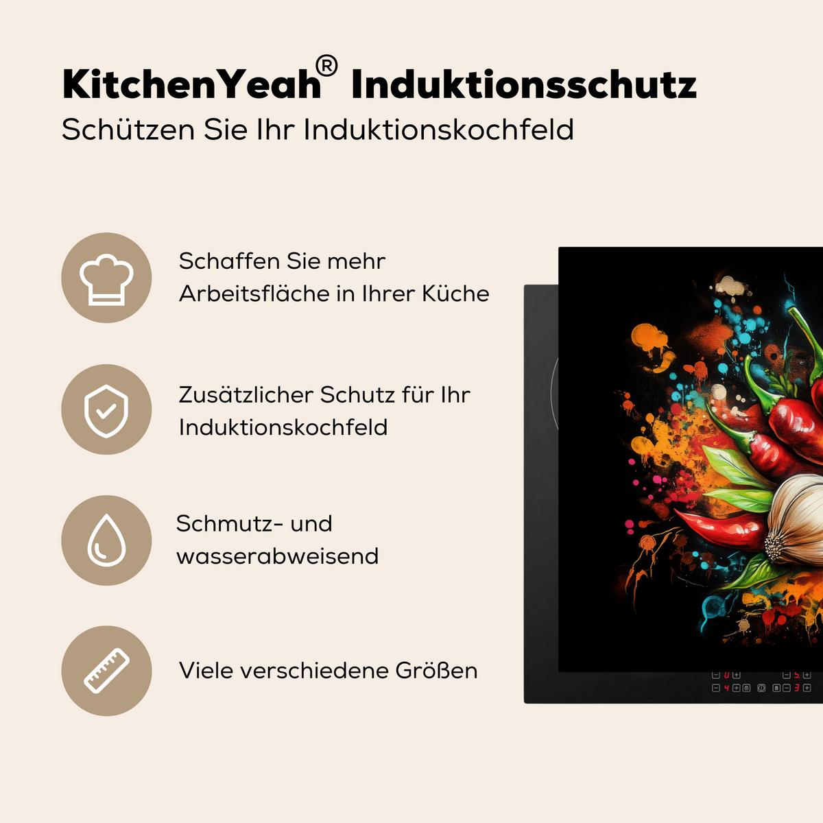 HERDABDECKPLATTE Gemüse - Paprika - Knoblauch - Graffiti - Farbe - Bunt Induktionsschutz 89.6x51.6 cm - Rot, Kunststoff (89.6/51.6/0.2cm) - MuchoWow