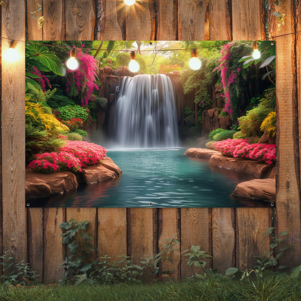 GARTENPOSTER Wasserfall - Natur - Pflanzen - Dschungel - Wasser Poster für draußen 180x120 cm - Grün, Kunststoff (180/120/0.2cm) - OnlyWow