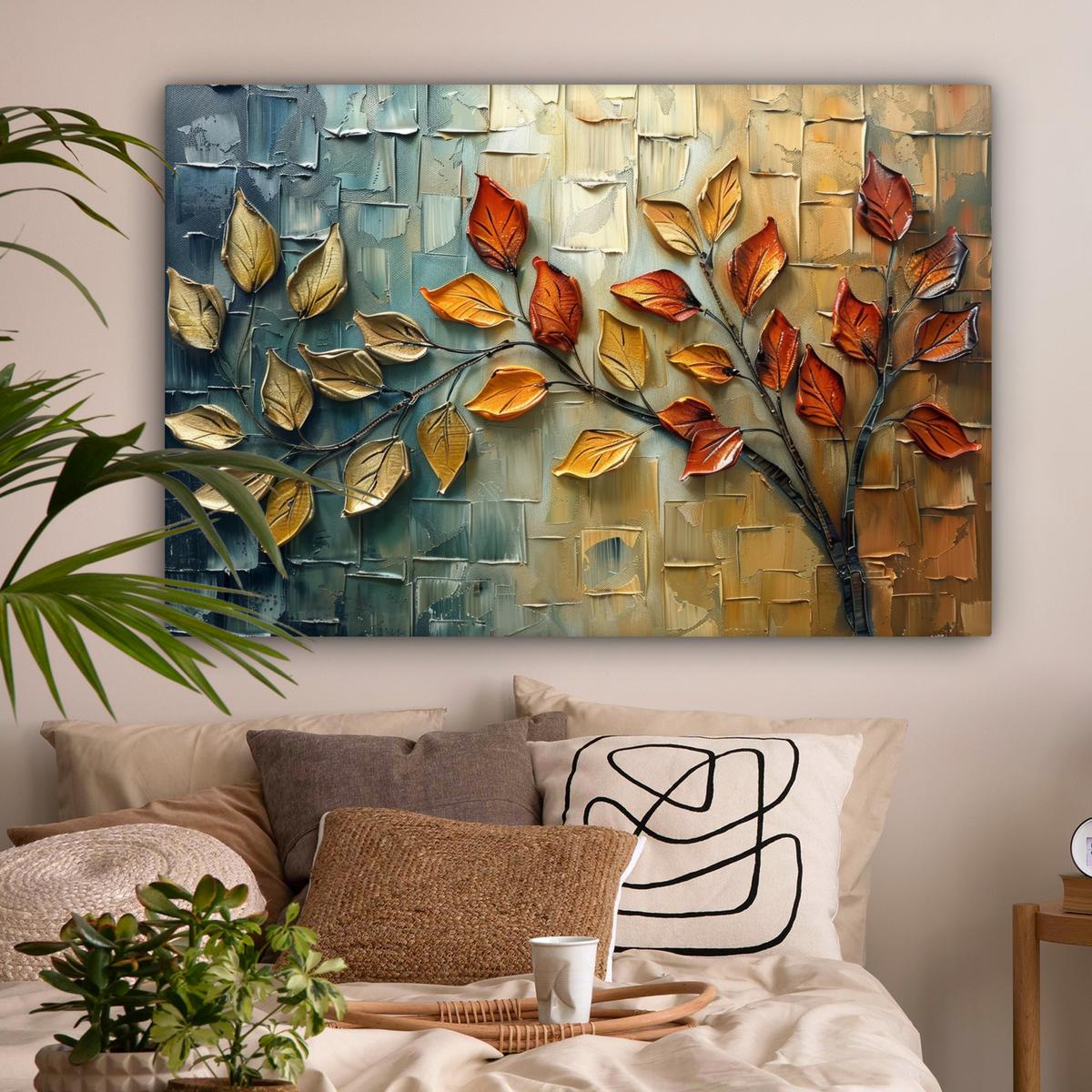 LEINWANDBILD Baum - Abstrakt - Natur - Kunst Wohnzimmer Groß 120x80 cm - Goldfarben, Textil (120/80cm) - MuchoWow