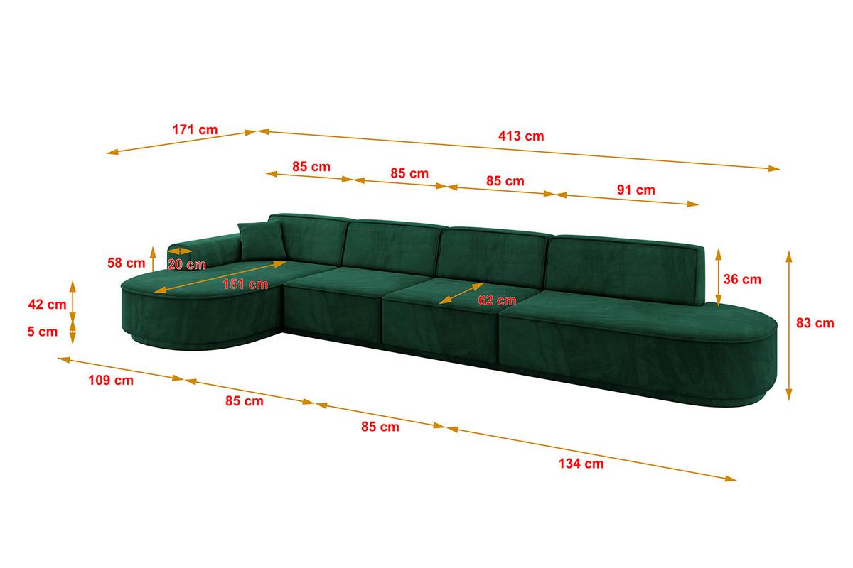 ECKSOFA Ottomane Links MARI-L3-v3 - 413x171x83 cm Grün Velours - Schwarz/Grün, Holzwerkstoff/Kunststoff (413/171cm) - ALTDECOR
