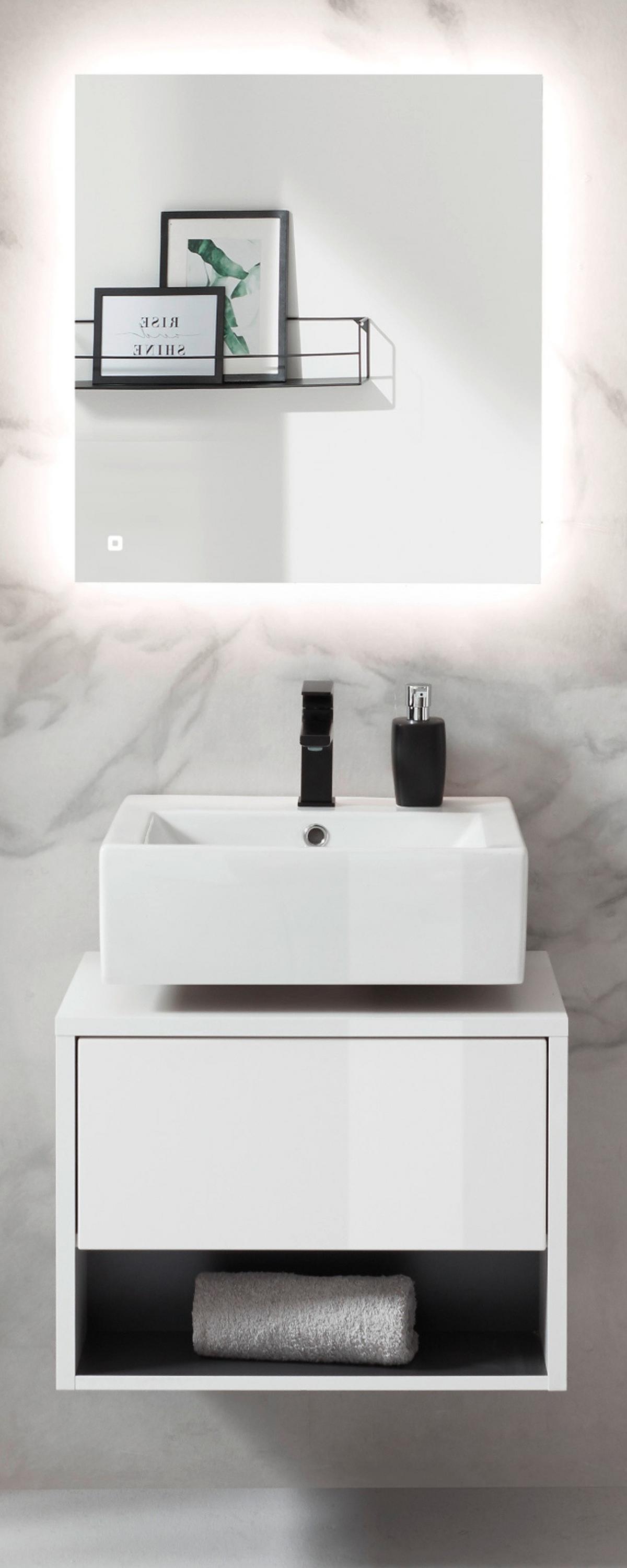 BADMÖBEL-SET 2-teilig weiß Hochglanz, grau mit LED Beleuchtung, 60 x 190 cm - Weiß Hochglanz/Grau, Glas/Holzwerkstoff (60/190/46cm) - Furn.Design
