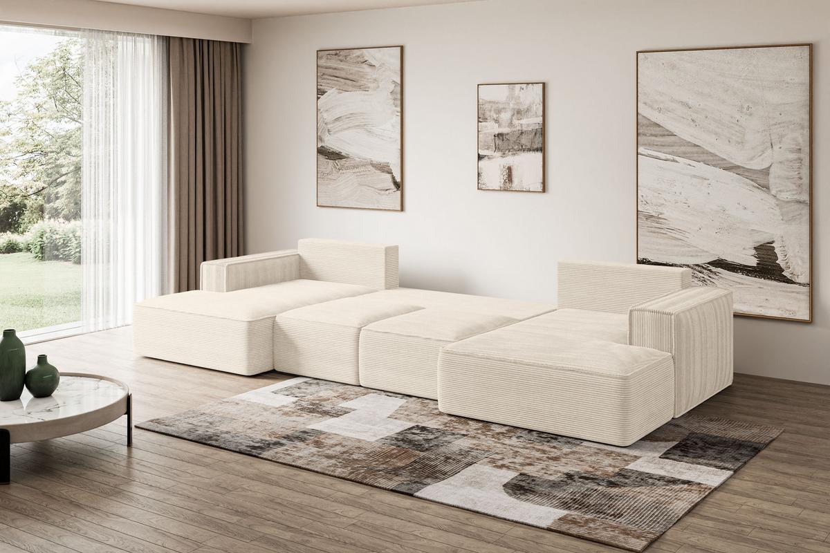 WOHNLANDSCHAFT mit Schlaffunktion und Bettkasten SIERRA-U-S - 349x161x87 cm Beige Cord - Beige/Schwarz, Holzwerkstoff/Kunststoff (349/87/161cm) - ALTDECOR