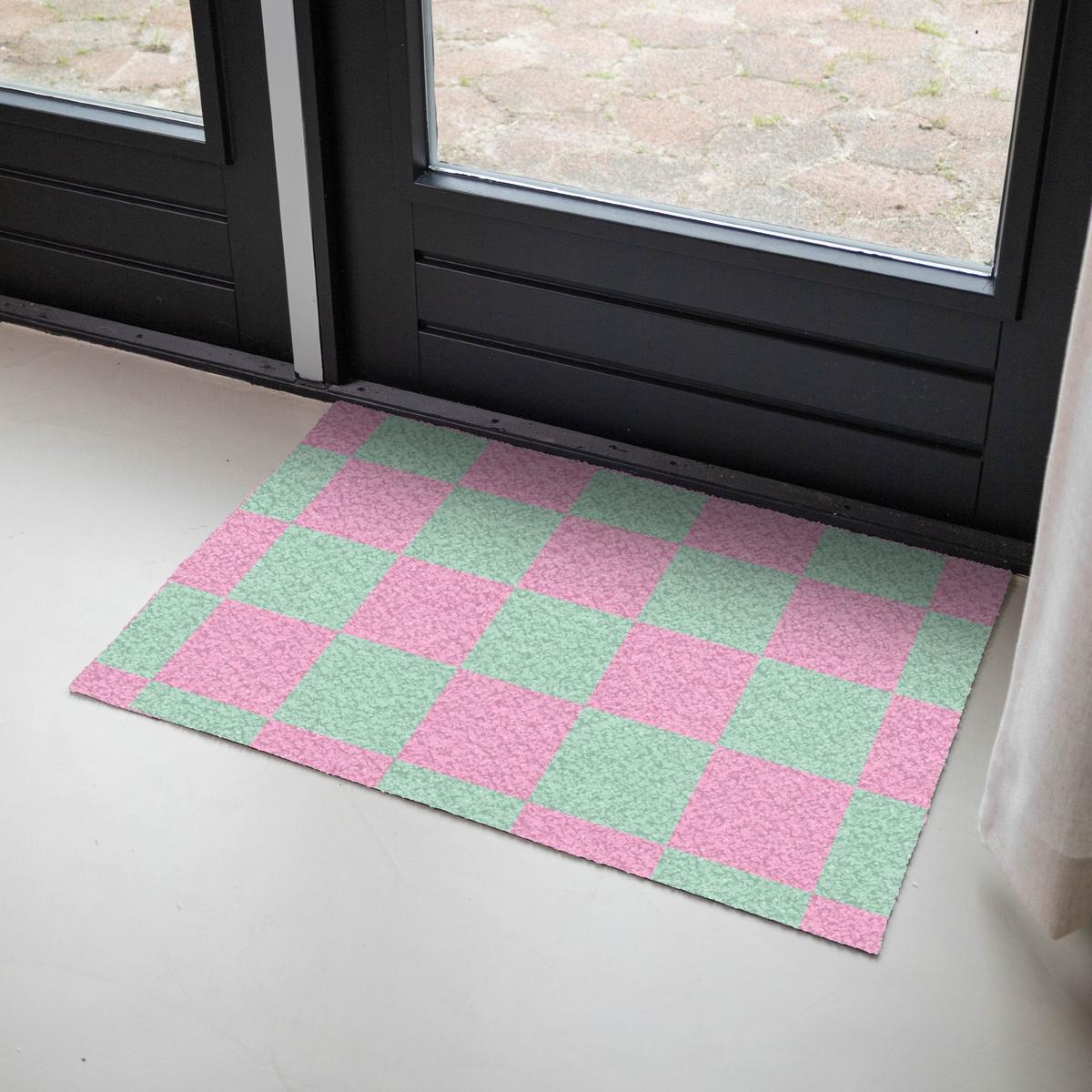 FUSSMATTE Schachbrettmuster - Grün - Rosa - Würfel Fußabtreter 90x60 cm - Mintgrün, Kunststoff (90/0.4cm) - MuchoWow