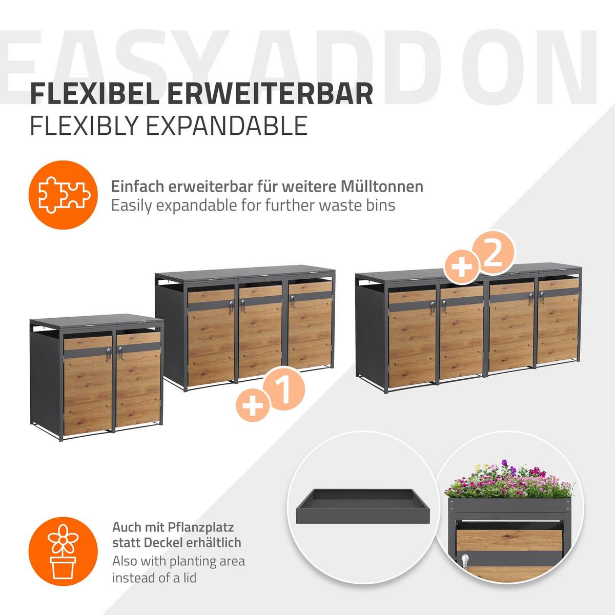 MÜLLTONNENBOX 4er Anthrazit-Holzoptik - Braun, Metall (264/120/80cm) - ML-DESIGN
